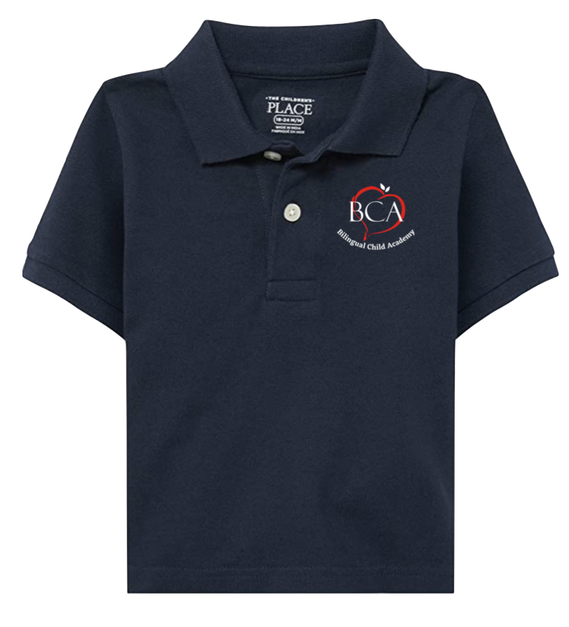 Navy blue school polo shirt with custom embroidered BCA logo - best seller uniform by WearUnify